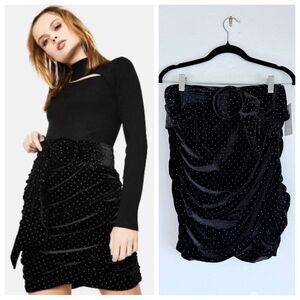 NEW For Love & Lemons Dolls Kill Margot Black Velvet Gold Stud Mini Skirt w Belt